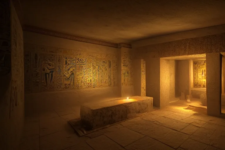 Prompt: a room full of treasure in an egyptian tomb, candlelit, volumetric light, highly detailed, trending on artstation