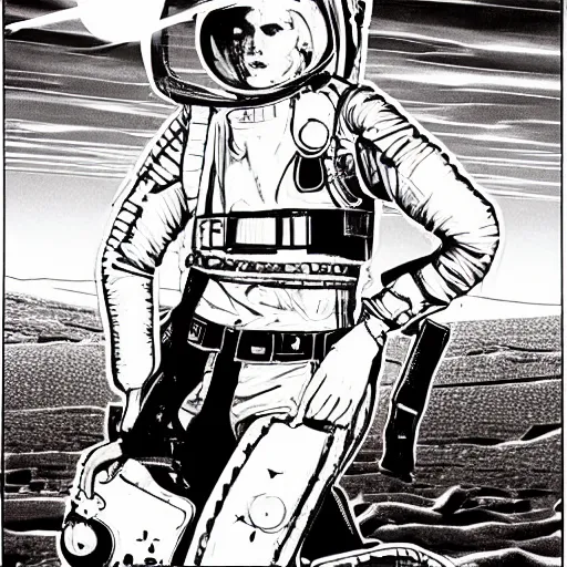 Image similar to illustration of butch tomboy stoic emotionless square - jawed heroic blonde woman wearing patched ripped dirty flight suit, staggering across desert on hostile extraterrestrial planet, pen and ink, ron cobb, mike mignogna, comic book, black and white, science fiction, punk, grunge, used future, illustration, comic book cover, - ar 1 6 : 9