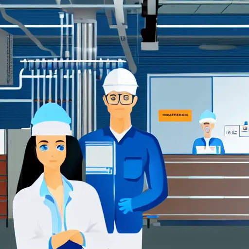 Prompt: an employee and management standing in front of a production line in a pharmacutical manufacturing company in the style of graphic art