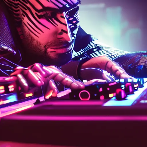 Image similar to electronic dj, dj performing live streaming to online, focus on dj turntables, cyberpunk 2 0 7 7, cyberpunk, photorealistic, ultra detailed, neon, octane, bokeh, cinematic lighting, cyber, cyberpunk city, headphones, studio quality, feature, scars, cyberface, 8 k