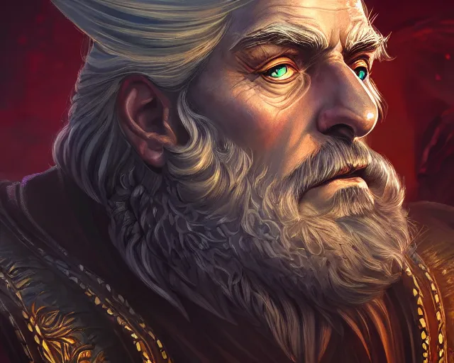 Prompt: head and shoulders portrait of an old king, deep focus, d & d, fantasy, intricate, elegant, highly detailed, digital painting, artstation, concept art, matte, sharp focus, illustration, hearthstone,