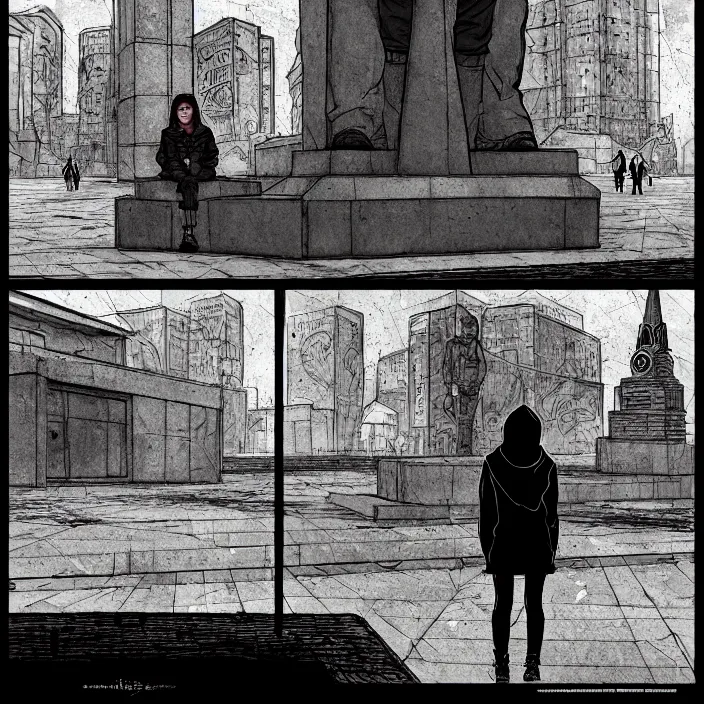 Image similar to storyboard : sadie sink in hoodie sitting on a bench in ruined square, pedestrians walk by, soviet monument and propaganda posters. scifi cyberpunk. by gabriel hardman. cinematic atmosphere, detailed and intricate, perfect anatomy