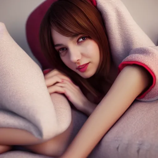 Image similar to 3 d render of a cute thin young woman, red blush, wearing casual clothes, small smile, relaxing on a couch, cuddling up under a blanket, cozy living room, medium shot, 8 k, octane render, trending on artstation, art by artgerm, unreal engine 5, hyperrealism, hyperdetailed, ultra realistic