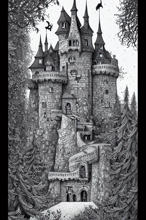 Image similar to a line drawing of an old castle in the woods by joe fenton, trending on artstation, realistic rendering