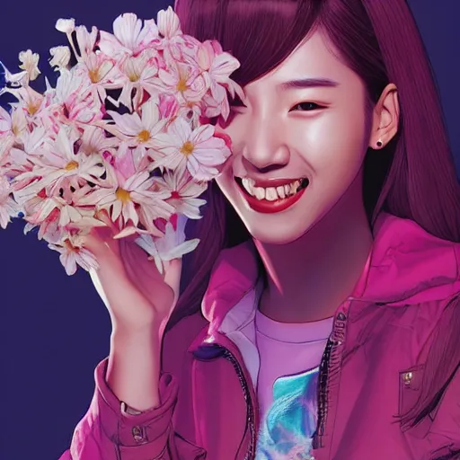 Image similar to portrait of a kpop star, smiling with flowers in hands. sharp focus, cinematic pose, cinematic lighting, unreal engine render. art by josan gonzales and moebius and deathburger.