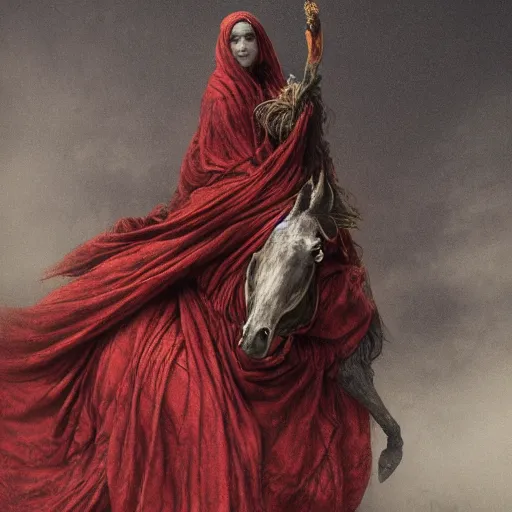 Prompt: a masterpiece! photographic portrait of a a cloaked woman riding the back of a scarlet - colored beast with seven ( 7 ) heads and ten ( 1 0 ) horns by gustave dore and sam spratt and allen williams, trending on artstation, cgsociety, 8 k hd, earthtone colors,