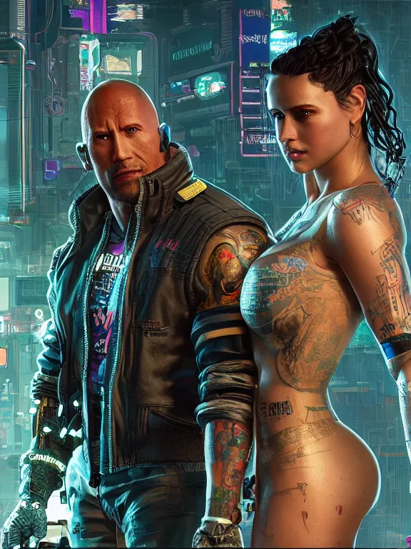 Prompt: a cyberpunk 2077 wedding portrait of Dwayne Johnson and a female android,complex mess of cables and wires behind them connected to giant computer, love,film lighting, by laurie greasley,Lawrence Alma-Tadema,William Morris,Dan Mumford, trending on atrstation, full of color, highly detailed,8K, octane,golden ratio,cinematic lighting