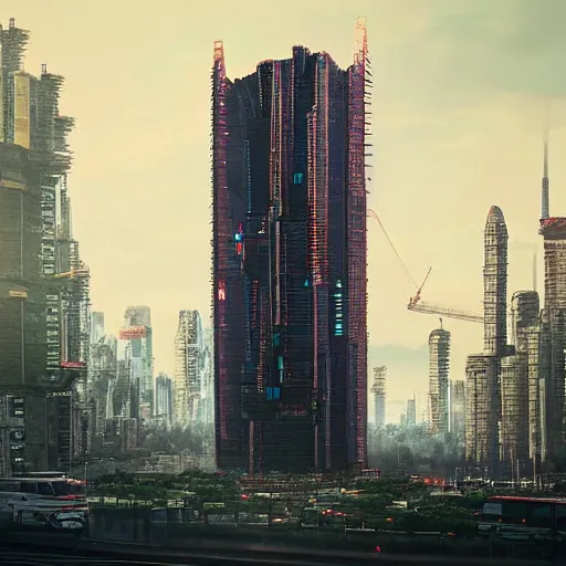 Image similar to “establishing shot of an isolated tower in Neo-Tokyo. 10 times bigger than any other building nearby. 2077 Akira. 8k”