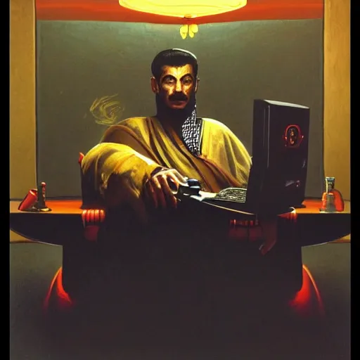 Image similar to king of saudi arabia playing video games. foggy black background. highly detailed science fiction painting by norman rockwell, frank frazetta, syd mead and moebius. rich colors, high contrast, gloomy atmosphere, dark background. trending on artstation