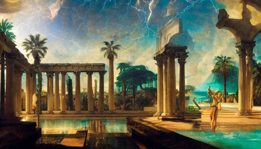 Prompt: From Inside the giant Palace, mediterranean balustrade and columns, refracted line and sparkles, thunderstorm, greek pool, beach and Tropical vegetation on the background major arcana sky and occult symbols, by paul delaroche, hyperrealistic 4k uhd, award-winning, very detailed paradise