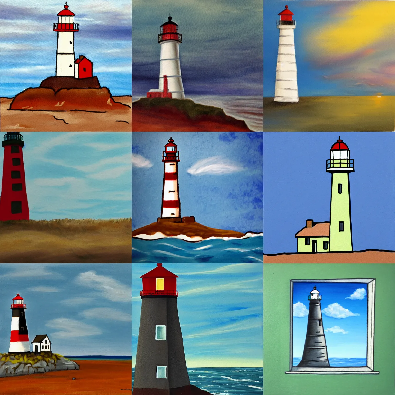 Prompt: painting of a lonely lighthouse with a broken window in a random style, desolate, depressing