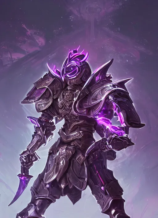 Image similar to a highly detailed illustration of fantasy cyber knight with machine gun arms, with flaming plume, rigid bulky armor, purple glowing core in armor, dramatic standing pose, intricate, elegant, highly detailed, centered, digital painting, artstation, concept art, smooth, sharp focus, league of legends concept art, WLOP