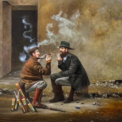 Image similar to Beautiful painting of Irish rebels smoking cigarettes inside a ruined building, General Post Office in Dublin, 4K