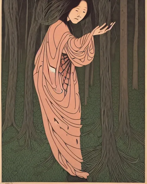 Image similar to in the style of audrey kawasaki, shinsui ito, transparent ghost screaming, full body, in the woods, moody lighting