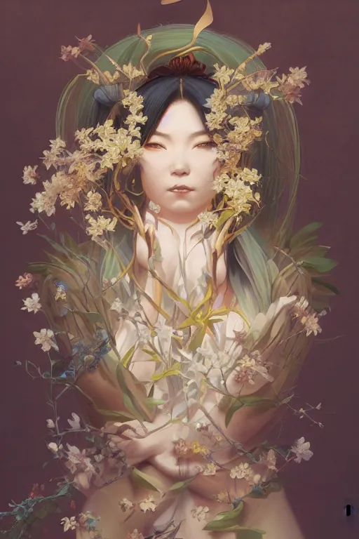 Image similar to Japanese goddess of nature, accurate anatomy, only two hands, highly detailed, digital painting, artstation, concept art, smooth, sharp focus, illustration, Unreal Engine 5, 8K, art by Ross Tran and greg rutkowski and alphonse Mucha