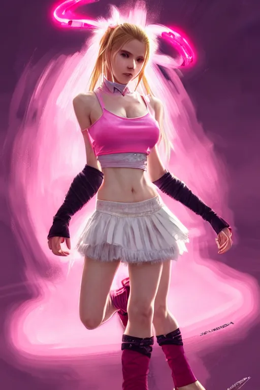 Image similar to Tekken 4 fighter anime Stunning Portrait Belle Delphine with Crop top and pink skirt, Pink Shades, in a fighting stance, digital painting, artstation, concept art, soft light, hdri, smooth, sharp focus, illustration, art by tian zi, craig mullins, Mark Arian, WLOP, alphonse mucha