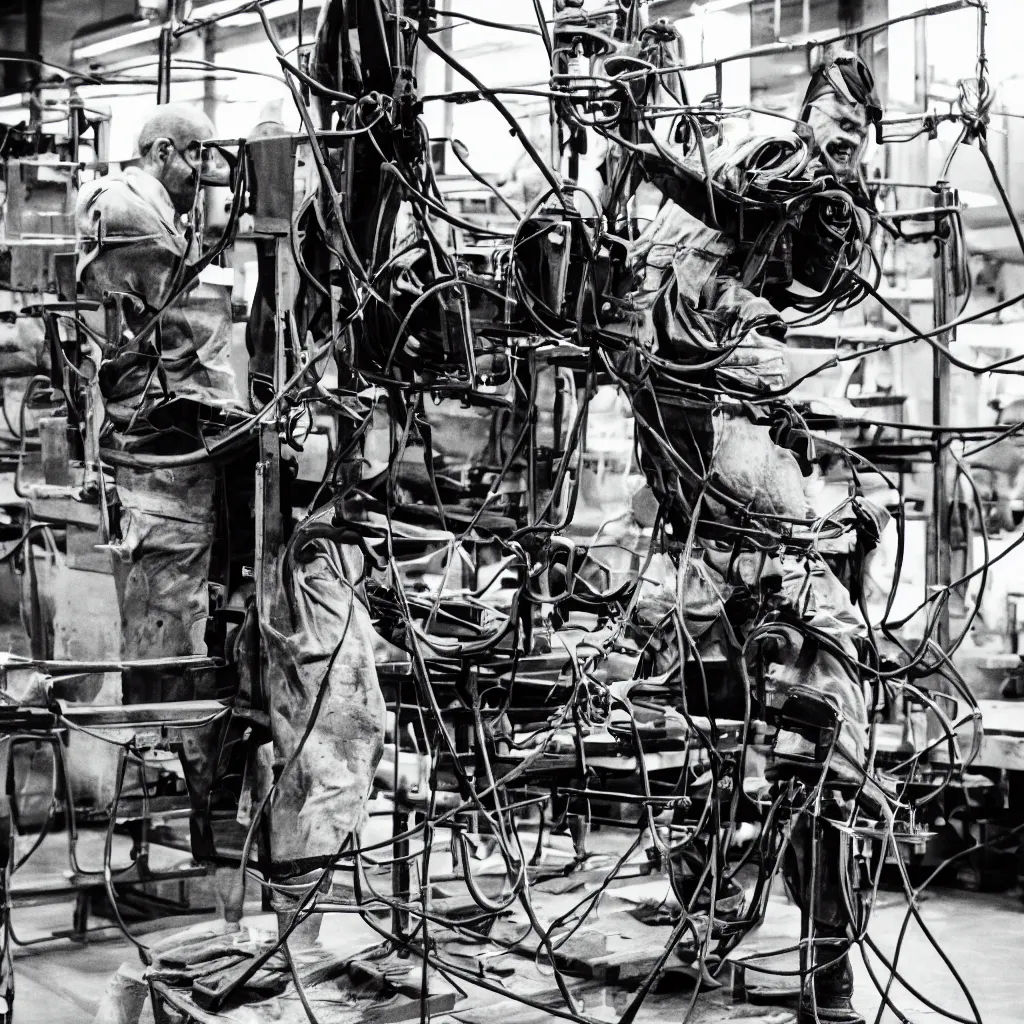 Image similar to working man, tied to his machine in a factory, black and white photography