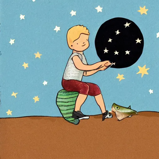 Prompt: a kid sitting on a half moon and fishing the stars