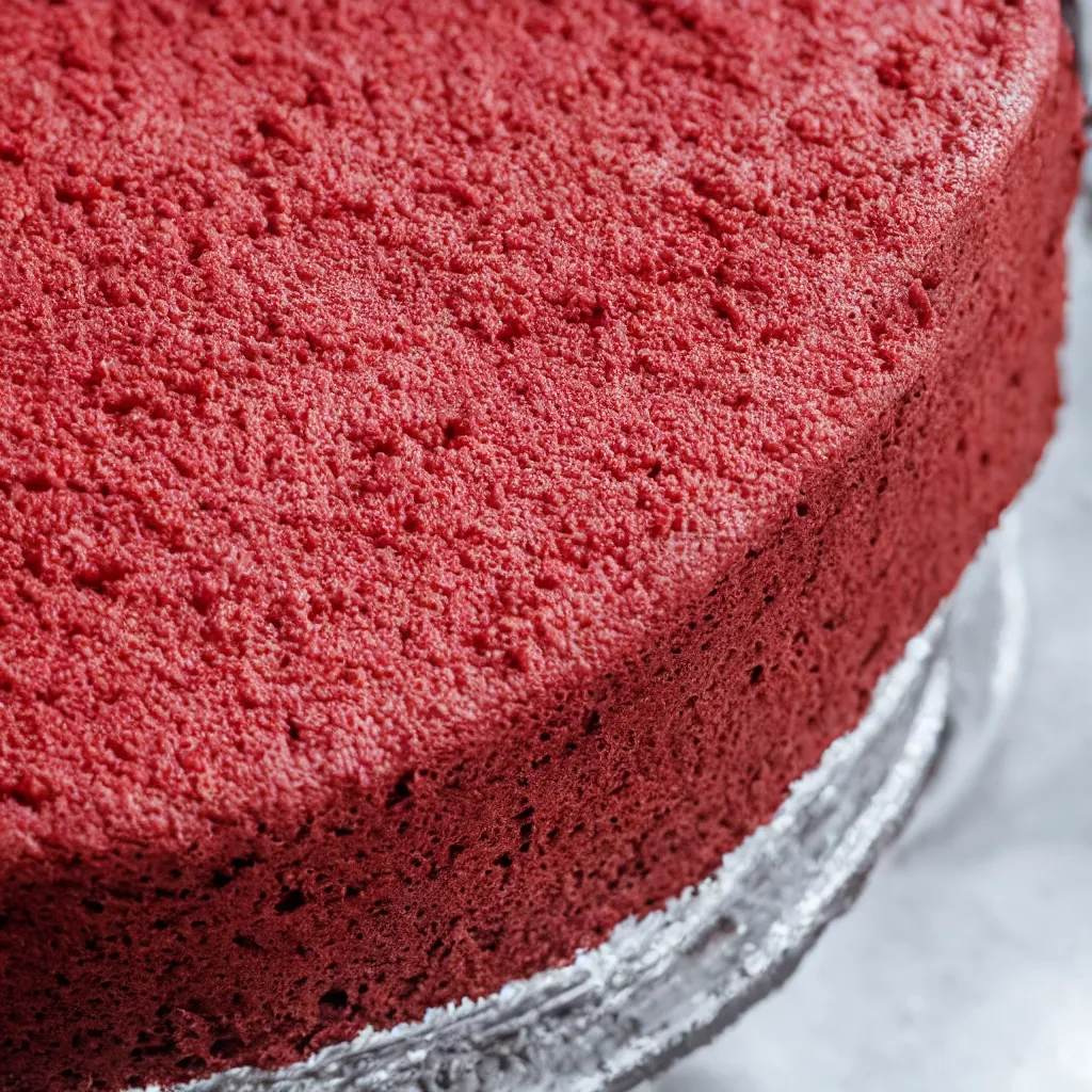 Prompt: close-up photo of a red colored cake on top of a table, 8k, high detail, photorealistic, proper shading