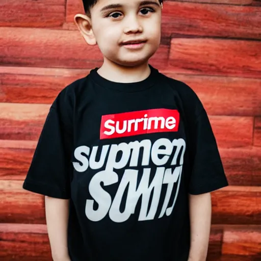 Image similar to short kid wearing a supreme shirt, detailed, studio