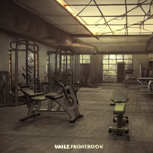 Image similar to fallout concept art gym interior render grim realistic lighting unreal engine 5