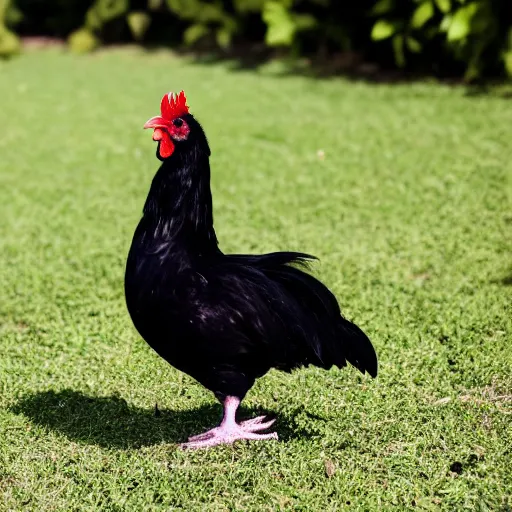 Prompt: an all black chicken spotted white heart shapes