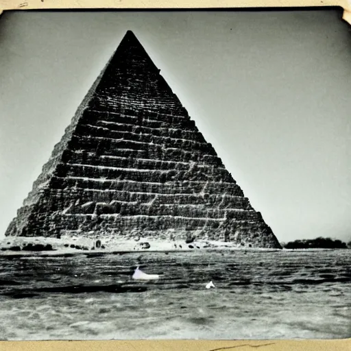 Image similar to tintype photo, underwater, pyramid