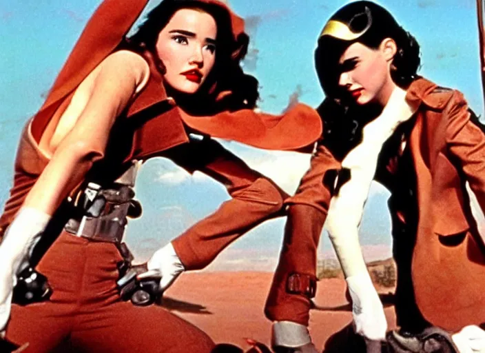 Image similar to a color movie still from the modern film the rocketeer featuring young jennifer connelly in her role as jenny blake ; color