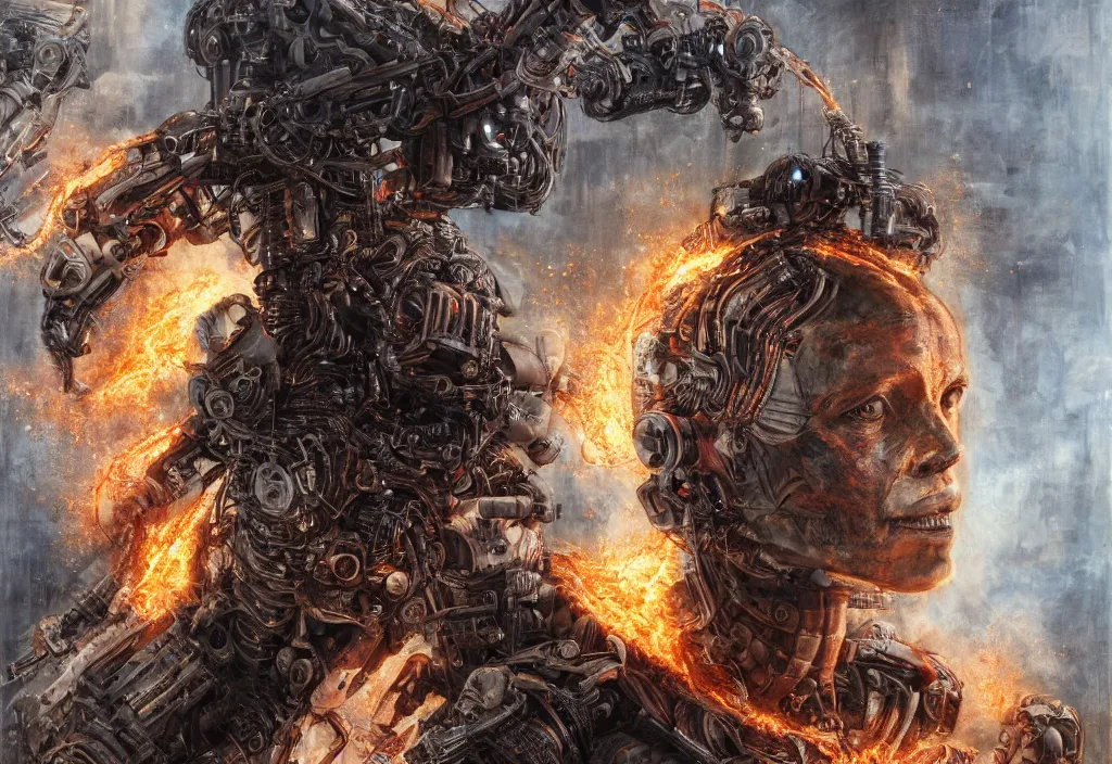 Prompt: hyperrealistic mixed media painting of a humanoid terminator floating in lava, stunning 3d render inspired art by P. Craig Russell and Barry Windsor-Smith + perfect body symmetry + dim volumetric lighting, 8k octane beautifully detailed render, post-processing, extremely hyperdetailed, intricate futuristic mechanic parts, epic composition, grim yet sparkling atmosphere, cinematic lighting + masterpiece, trending on artstation