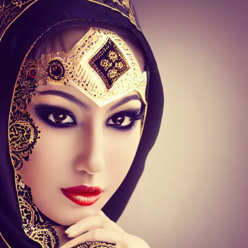 Prompt: fantasy arabian woman with mask, portrait photo, studio light, hdr, commercial shot