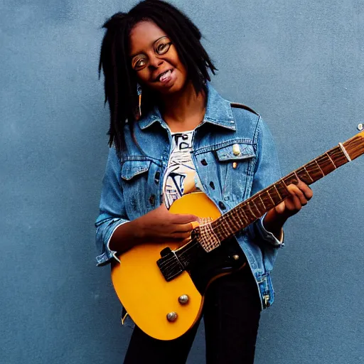 Prompt: 19-year-old black girl, African American girl, with long shaggy black hair, afro hair, wearing denim jacket and bell-bottom jeans, playing electric guitar, stoner metal concert, heavy blues rock, doom metal, 30mm photography