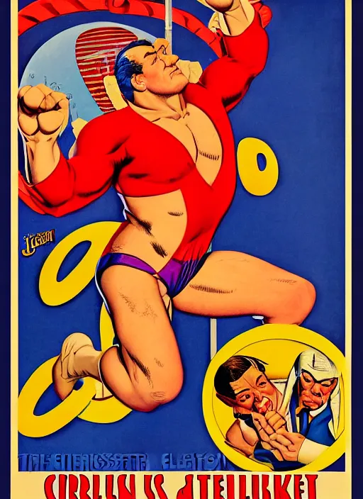 Prompt: poster for circus wrestler. portrait by clyde caldwell and jean giraud and anton otto fischer and john philip falter and will eisner and gil elvgren