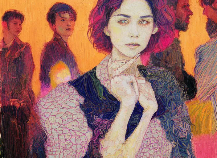 Image similar to people in an airport, portrait face, colorful, in the style of frantisek kupka, intricate, miles johnston, kuroda seiki, cynical realism, painterly, yoshitaka amano, moebius, beautiful lighting, miles johnston, klimt, louise zhang, james jean