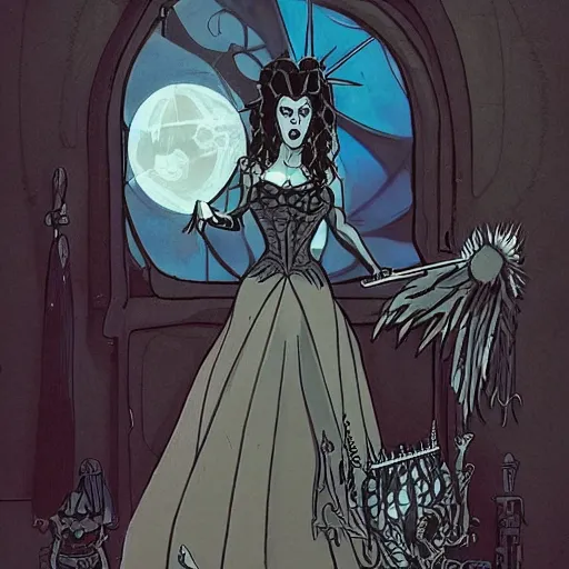 Image similar to Jennifer Connelly as dark angel gothic atompunk evil Disney villain queen with black feather hair, feathers growing out of skin, in front of space station window, Mike mignola, trending on artstation, comic book cover, illustration