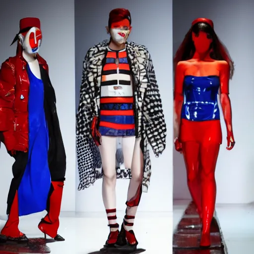 Image similar to dystopian fashion incorporating red white and blue, brutalist fashion show