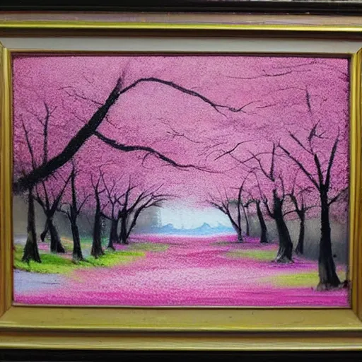 Image similar to a cherry blossom painting by bob ross