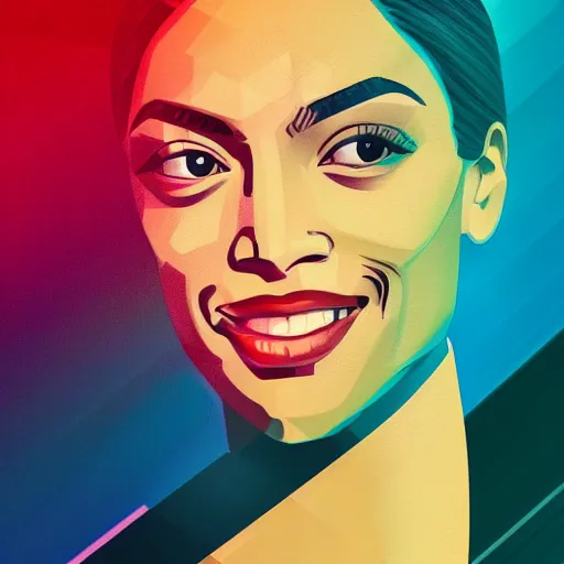 Image similar to smiling, happy, beautiful, intelligent, powerful alexandria ocasio - cortez, loving eyes, fully clothed, wise, beautiful, dramatic lighting, sharp focus, art deco patterns by stanley artgerm, retro futurism, dramatic lighting, trending on artstation, flat colour, geometric curves, gradient filter