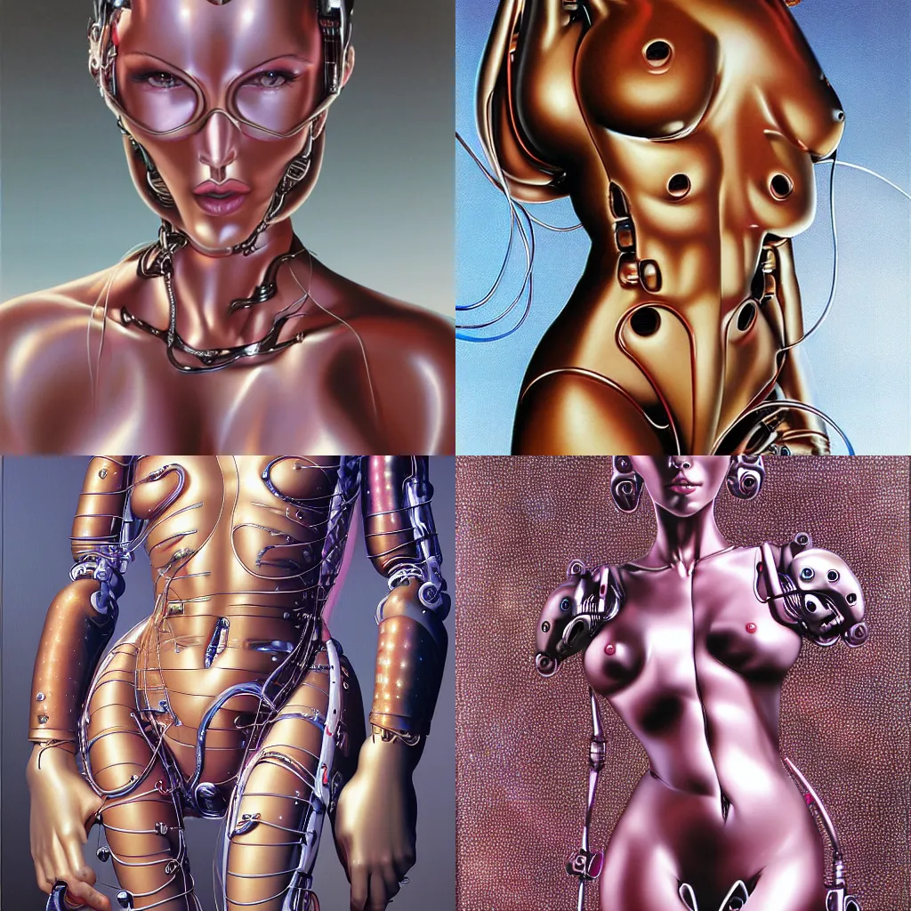 Prompt: airbrush hyperdetailed painting of a tangle of female robotic body parts by hajime sorayama