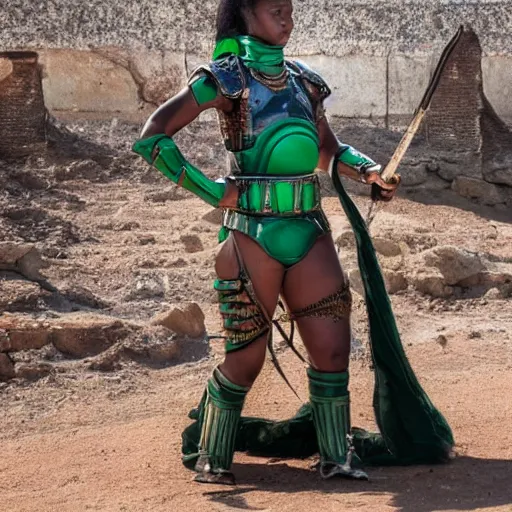 Prompt: photo of a female warrior with malachite armour