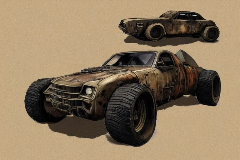 Image similar to Concept art of a mad max wedge car. Dieselpunk