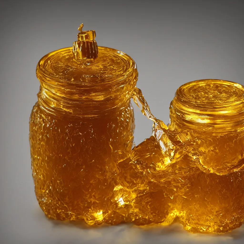 Prompt: honey jar stylized like a vicious grizzly bear, golden glistening, light bloom, octane render, product photography, studio photography, sharp high contrast