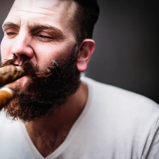 Prompt: a realistic photo of a man with a beard lighting a cigar, close up, high detail, realistic