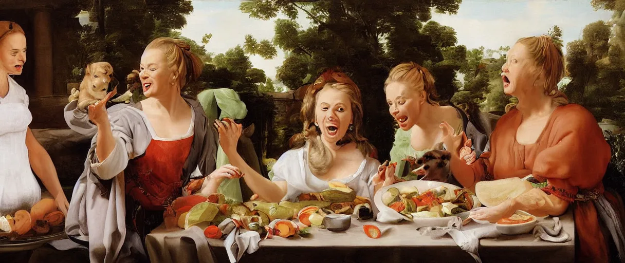 Prompt: painting portrait of ( ( ( two women yelling at cat meme ) ) ). taylor armstrong and kyle richards. crazy blonde woman sideview pointing and yelling at white cat that is eating vegetables from plate. accidental renaissance by diego velasquez, young woman, high resolution, very detailed art