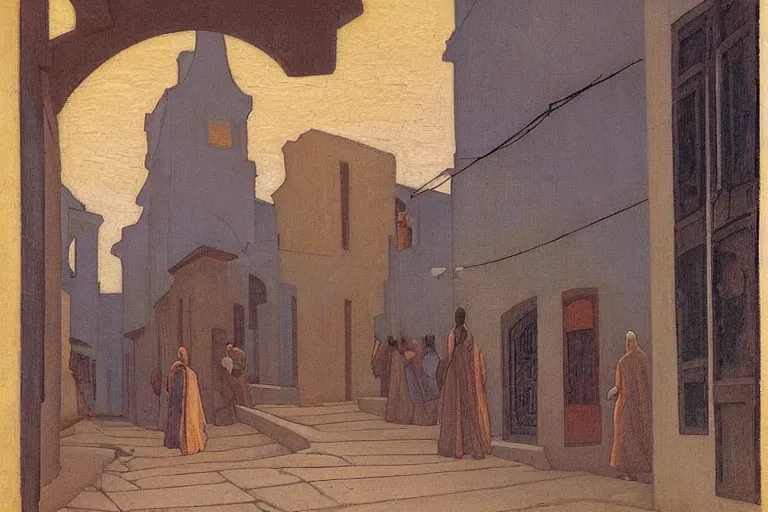 Image similar to winding street at twilight in a very old city by George Price Boyce and Nicholas Roerich and jean delville, glowing paper lanterns, strong dramatic cinematic lighting , ornate tiled architecture, lost civilizations, smooth, sharp focus, extremely detailed