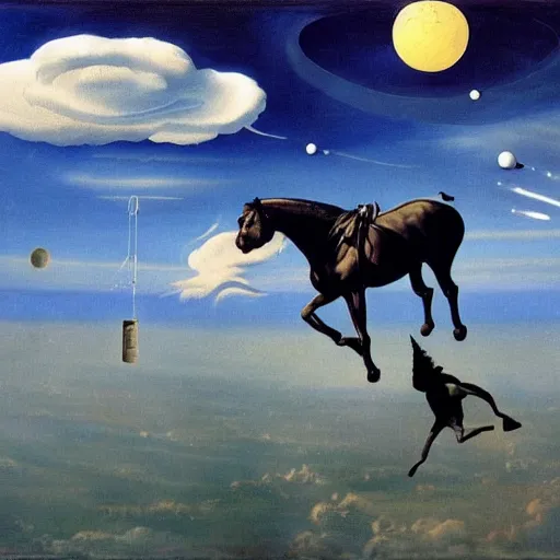 Prompt: a horse in the sky, an astronaut on the ground, by dali