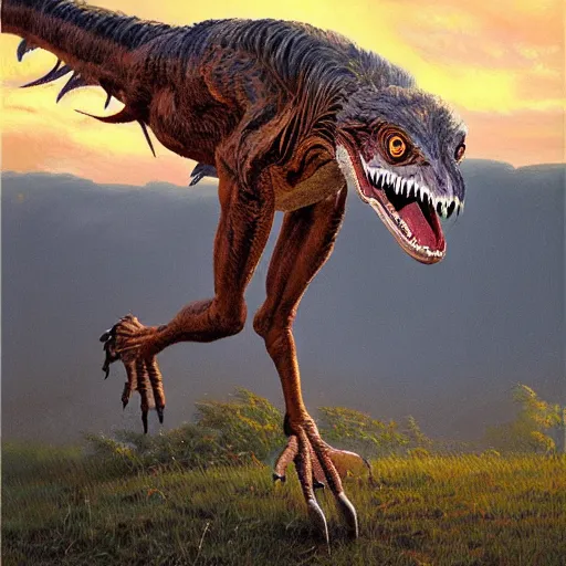 Image similar to oil painting of a velociraptor on canvas, by James gurney, realism, warm lighting, award winning, high detail, professional, volumetric lighting