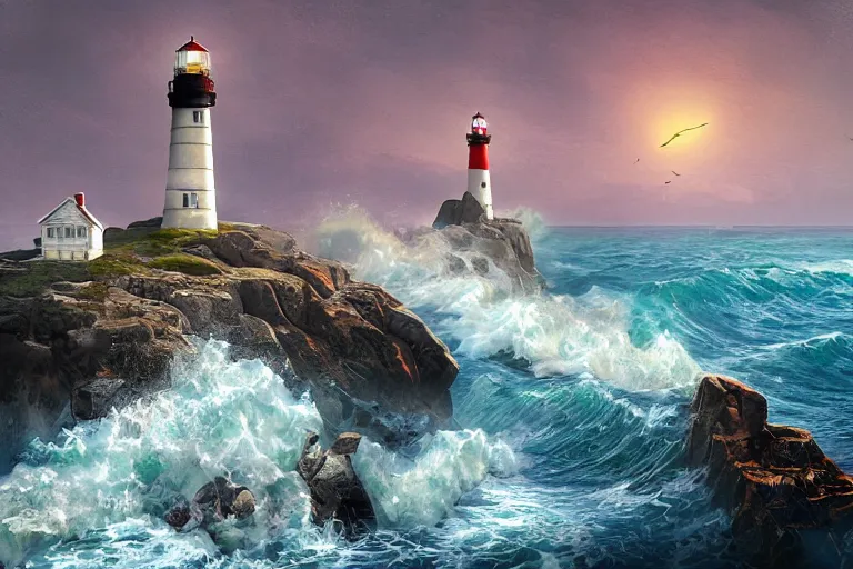 Prompt: a painting of a lighthouse built on seashore rocky cliff with waves crashing into the rocks and sea birds flying on a starry night, in the style of ray caesar, digital art