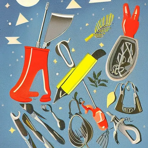 Prompt: a walter wick ( i spy book illustrator ) photographic illustration of gardening tools in space