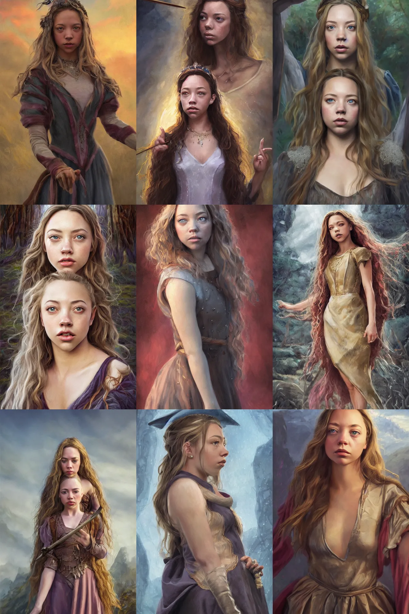 Image similar to a full body high detail fantasy portrait oil painting illustration of sydney sweeney as an elegant female wizard by justin sweet with face and body clearly visible, in a scenic background, pupils visible, realistic proportions, d & d, rpg, forgotten realms, artstation trending, high quality, sombre mood, artstation trending, muted colours, entire person visible!