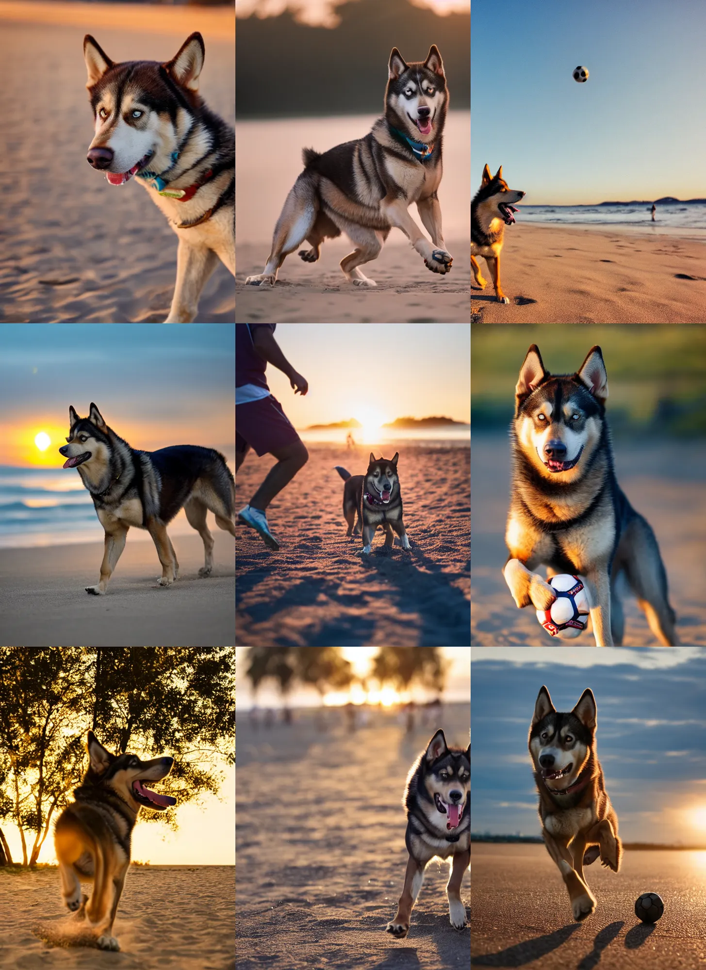 Prompt: a playful brown husky wearing a cap, playing soccer at the beach, Golden hour, bokeh, 4k photo,